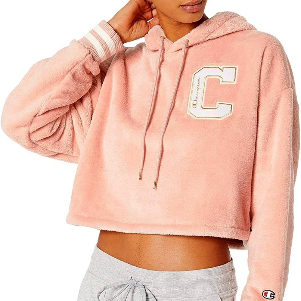 Champion Plush Fleece Hoodie Cropped M Blush Crop Top